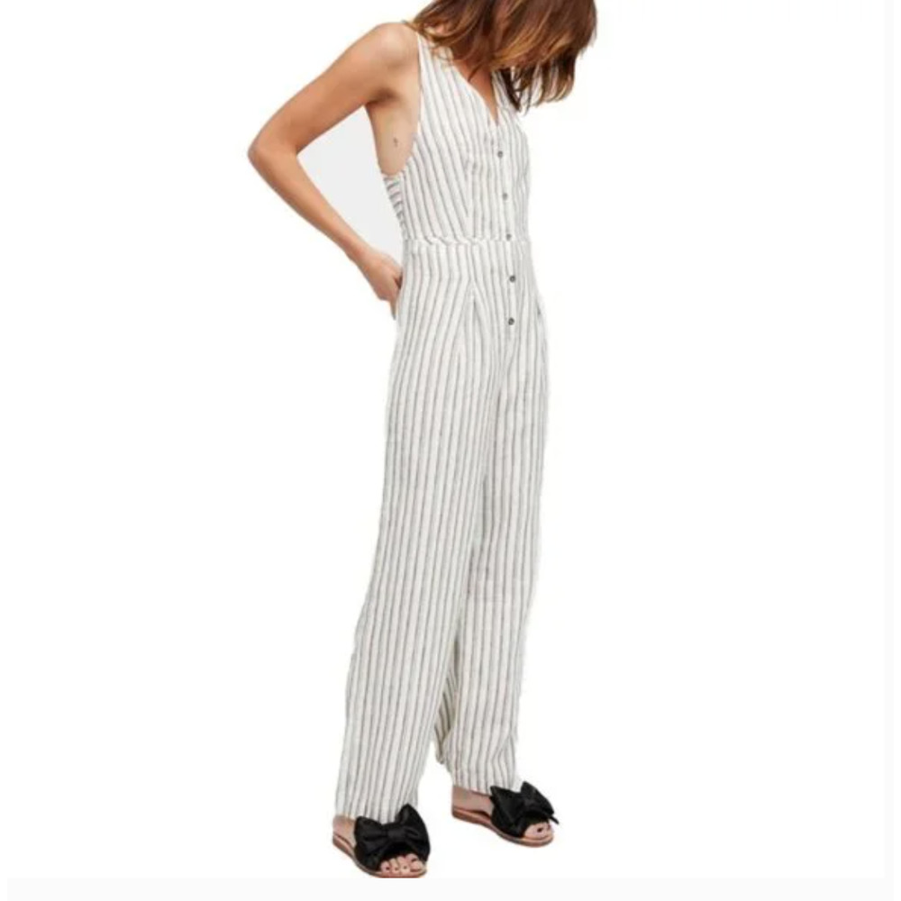 Free People Wide Leg Sleeveless Vest Striped Linen Jumpsuit 2 New
